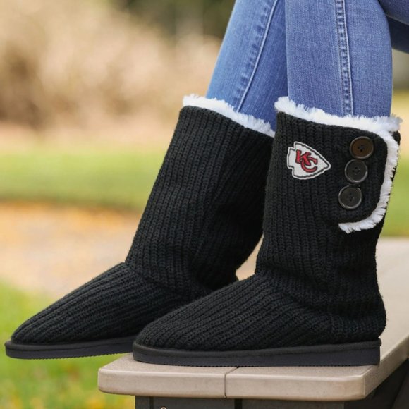 NEW Kansas City Chiefs Knit High End Button Boot Slipper NFL Swifty Sz 7 black - Picture 2 of 7